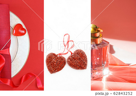 Valentines Day fashion layout with female accessories on classic red and white background. 62843252