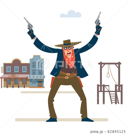 Cowboy western character wild west gunslinger holding two guns. Gunfighter isolated on white background. Vector flat cartoon style illustration Cowboy western character wild west gunslinger holding two guns. Gunfighter isolated on white background. Vector flat cartoon style illustration 62845125
