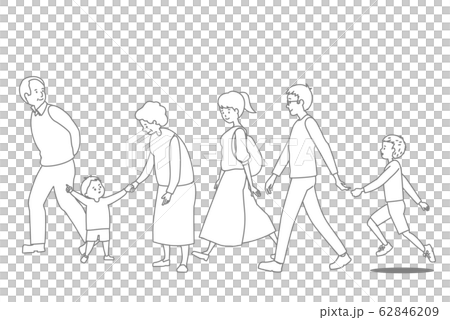 祖父母と夫婦と兄弟　外出　お出かけ　線画 62846209