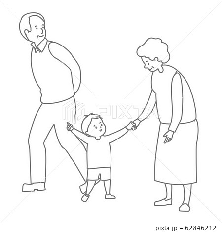 孫と祖父母 お出かけ 散歩 外出 線画のイラスト素材