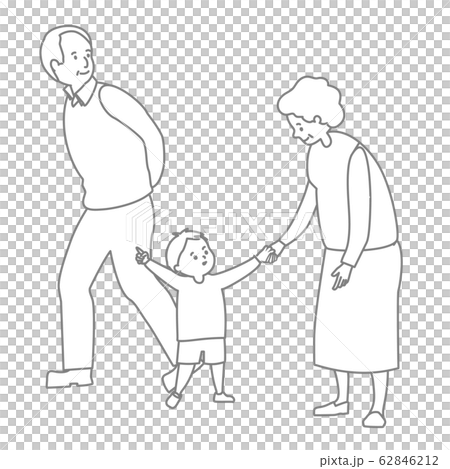 孫と祖父母　お出かけ　散歩　外出　線画 62846212