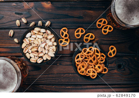 assortment of snacks and light beer, flat lay assortment of snacks and light beer, flat lay 62849170