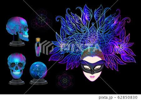 Young woman witch, fortune teller with magic ball, human skull, potion. Young woman witch, fortune teller with magic ball, human skull, potion. 62850830