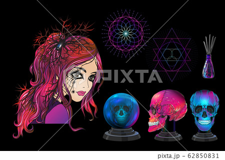 Young woman witch, fortune teller with magic ball, human skull, potion. Young woman witch, fortune teller with magic ball, human skull, potion. 62850831