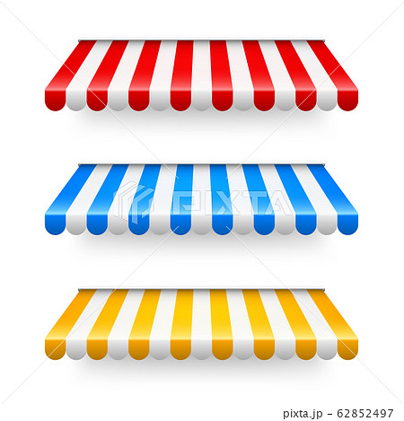 Shop sunshade. Realistic striped cafe awning. Outdoor market tent. Roof canopy. Summer street store 62852497