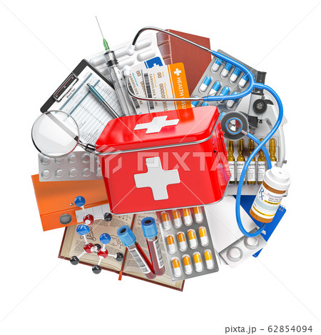 First aid kit with medical supplies and equipment, 62854094