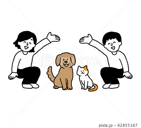 犬と猫と若い男性女性２人 シンプル のイラスト素材