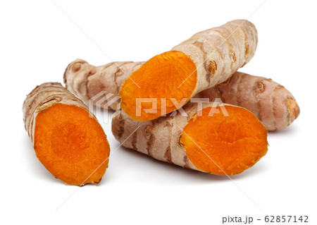 Fresh turmeric with slices isolated on white 62857142