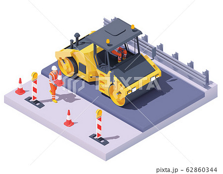 Vector isometric road roller at road construction site Vector isometric road roller at road construction site 62860344