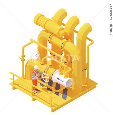 Vector isometric gas or oil production operator opens pipeline valve 62860347