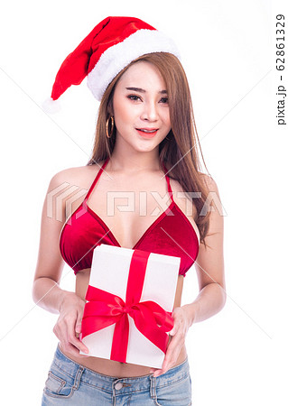 Cute asian woman with christmas hat, red bra, Cute asian woman with christmas hat, red bra, 62861329
