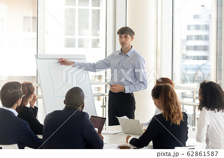 Male businessman draws graphs on flip chart at client presentation. Male businessman draws graphs on flip chart at client presentation. 62861587