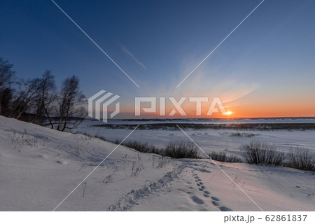 Birch trees on the edge of a snow-covered river 62861837