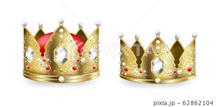 Realistic king and queen crowns. 3D golden royal monarch headdress collection, heraldic and coronation symbol. Vector medieval luxury set Realistic king and queen crowns. 3D golden royal monarch headdress collection, heraldic and coronation symbol. Vector medieval luxury set 62862104