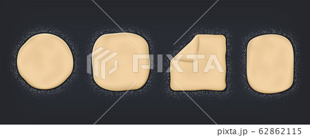 Realistic dough. Wheat flour and baking mass on table, top view of 3d dough for cooking. Vector bread or pizza baking poster for restaurant menu 62862115