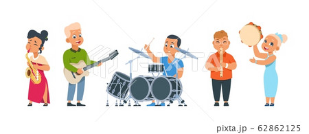 Cartoon child band. Cute kid orchestra with happy children playing musical instruments on party or in class. Vector kids performing music 62862125