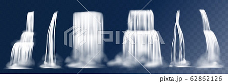 Cascade waterfall. Realistic 3D falling mountain streams with fog, water flow with splashes. Vector waterfalls isolated on transparent background 62862126