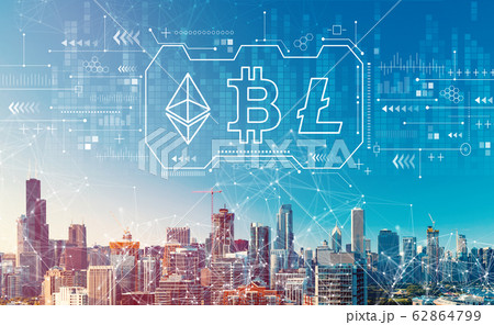 Cryptocurrency - Bitcoin, Ethereum, Litecoin with downtown Chicago cityscape 62864799