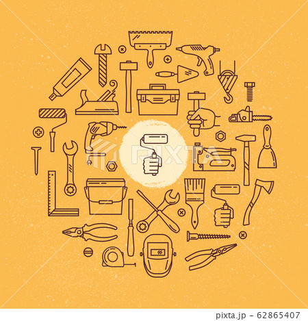 A circular pattern from a set of vector icons of various tools for construction and building. 62865407