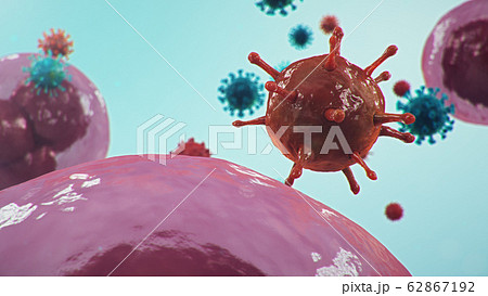 3D illustration Coronavirus concept under the microscope. Human cells, the virus infects cells. Epidemic, pandemic affecting the respiratory tract. Fatal viral infection. 62867192