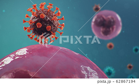 Outbreak of Chinese influenza - called a Coronavirus or 2019-nCoV, which has spread around the world. Danger of a pandemic, epidemic of humanity. Human cells, the virus infects cells, 3d illustration 62867194