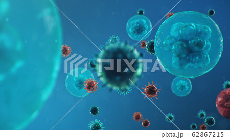 3D illustration Coronavirus concept under the microscope. Human cells, the virus infects cells. Epidemic, pandemic affecting the respiratory tract. Fatal viral infection. 62867215