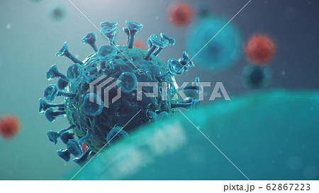 Outbreak of Chinese influenza - called a Coronavirus or 2019-nCoV, which has spread around the world. Danger of a pandemic, epidemic of humanity. Human cells, the virus infects cells. 3d illustration 62867223