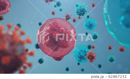Outbreak of coronavirus, flu virus and 2019-nCov. Human cells, the virus infects cells. COVID-19 under the microscope, pathogen affecting the respiratory system. 3d illustration Outbreak of coronavirus, flu virus and 2019-nCov. Human cells, the virus infects cells. COVID-19 under the microscope, pathogen affecting the respiratory system. 3d illustration 62867232