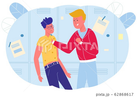 In School Corridor Bully Mocks Four-eyes Classmate In School Corridor Bully Mocks Four-eyes Classmate 62868617