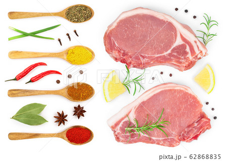 sliced raw pork meat with spices isolated on white background. Top view. Flat lay 62868835