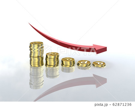 CGイラスト　減少するグラフ状に並んだコインと矢印　ポイント 62871236