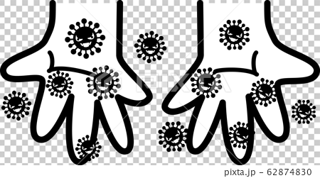 手のひら ウィルスばい菌 コロナウイルス風邪インフルエンザ花粉 白黒線画のイラスト素材