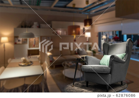 Gray fabric sofa, green cushions, coffee table Gray fabric sofa, green cushions, coffee table 62876086