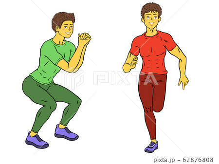 スクワットとジョギングをするフィットネスインストラクターの男性２セット 62876808