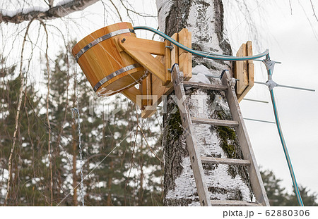 wooden antique bucket for watering, pouring cold water, attached to a tree 62880306