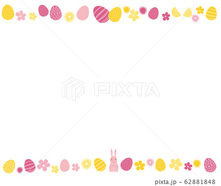 フレーム素材 イースター うさぎとたまごと花のイラスト素材