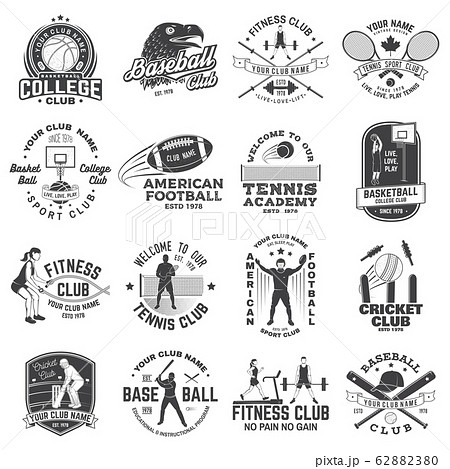 Set of american football, fitness, basketball, cricket, tennis, baseball club badge. Vector for shirt, logo, print, stamp. Vintage design with sportsman player, helmet, ball silhouette Set of american football, fitness, basketball, cricket, tennis, baseball club badge. Vector for shirt, logo, print, stamp. Vintage design with sportsman player, helmet, ball silhouette 62882380