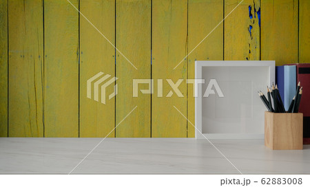 Close up view of workspace with stationery, books, 62883008