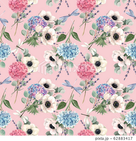 Beautiful vector seamless pattern with watercolor pink, blue, violet hydrangea flowers and white anemones with lavander. Stock illustration. Floral background. 62883417
