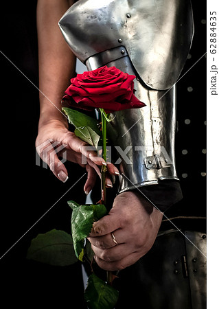 Knight and woman hold a rose in hands Knight and woman hold a rose in hands 62884635
