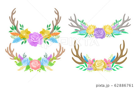 Deer Antlers Arranged with Showy Flower Buds and Tender Feathers Vector Set 62886761