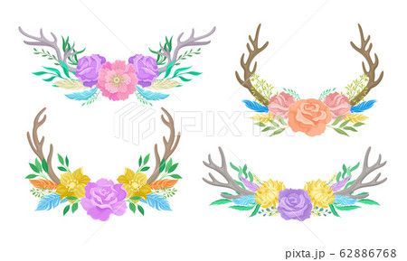 Deer Antlers Arranged with Showy Flower Buds and Tender Feathers Vector Set 62886768
