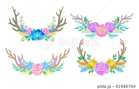 Deer Antlers Arranged with Showy Flower Buds and Tender Feathers Vector Set 62886769