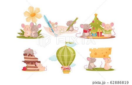 Cartoon Mice Characters Sitting Near Christmas Tree and Carrying Cheese Vector Set Cartoon Mice Characters Sitting Near Christmas Tree and Carrying Cheese Vector Set 62886819