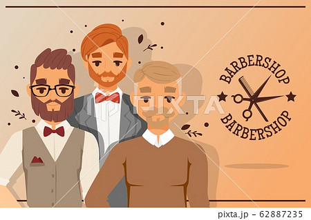 Three hipster barber men with beard and barbershop logo with scissors and comb vector illustration for hair salon banner. 62887235