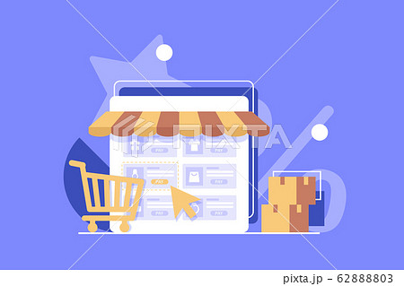Online shop. Digital Marketing, store, E-commerce shopping concept. Striped awning,flat design icon vector illustration Online shop. Digital Marketing, store, E-commerce shopping concept. Striped awning,flat design icon vector illustration 62888803