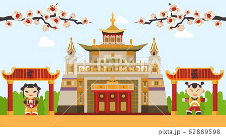 Festive chinese cartoon people and symbols vector illustration. Flowering plum, chinese temple gate. China tourism and New Year celebration banner card concept. 62889598
