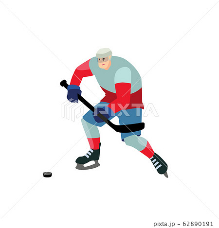 Young man preparing to hit the puck with a stick. Isolated cartoon character. 62890191