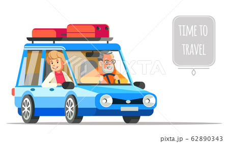 Elderly couple traveling together in a car. Older people life style vector flat illustration and life adventure and pleasure enjoyment. Grandpa and Granny couple traveling by car Elderly couple traveling together in a car. Older people life style vector flat illustration and life adventure and pleasure enjoyment. Grandpa and Granny couple traveling by car 62890343