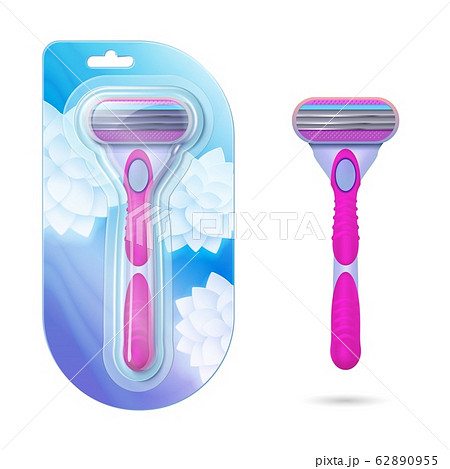 Woman shaving razor. Realistic pink razors in pack and isolated on white background. Female hygiene shavers vector illustration Woman shaving razor. Realistic pink razors in pack and isolated on white background. Female hygiene shavers vector illustration 62890955